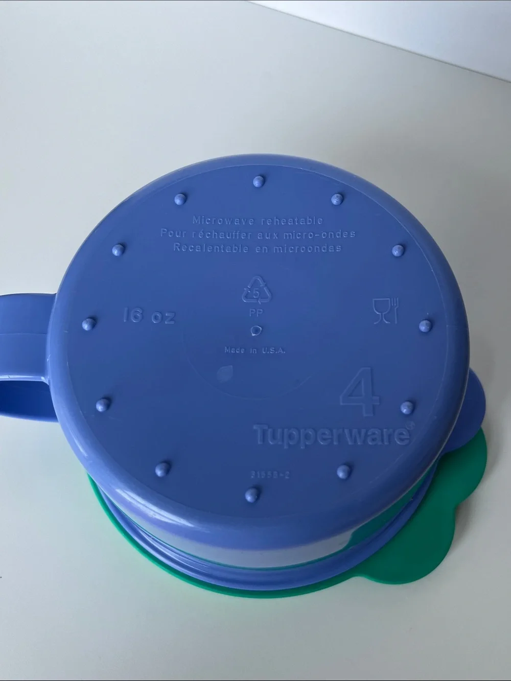 Tupperware Blue Cup with Green Lid and Handle